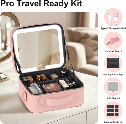 Makeup Case with LED Light Mirror,12 Inch Professional Portable Travel Cosmetic Organizer Bag with Adjustable Dividers, USB Charging, Large Capacity, Ideal for Travel, Gift for Women Girls