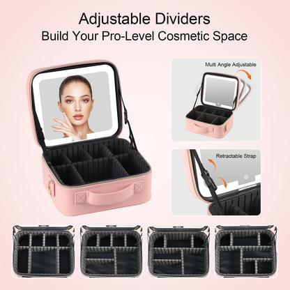 Makeup Case with LED Light Mirror,12 Inch Professional Portable Travel Cosmetic Organizer Bag with Adjustable Dividers, USB Charging, Large Capacity, Ideal for Travel, Gift for Women Girls