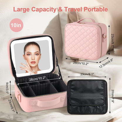 Makeup Case with LED Light Mirror,12 Inch Professional Portable Travel Cosmetic Organizer Bag with Adjustable Dividers, USB Charging, Large Capacity, Ideal for Travel, Gift for Women Girls