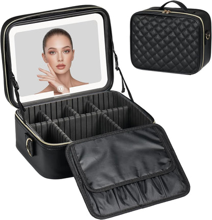 Makeup Case with LED Light Mirror,12 Inch Professional Portable Travel Cosmetic Organizer Bag with Adjustable Dividers, USB Charging, Large Capacity, Ideal for Travel, Gift for Women Girls