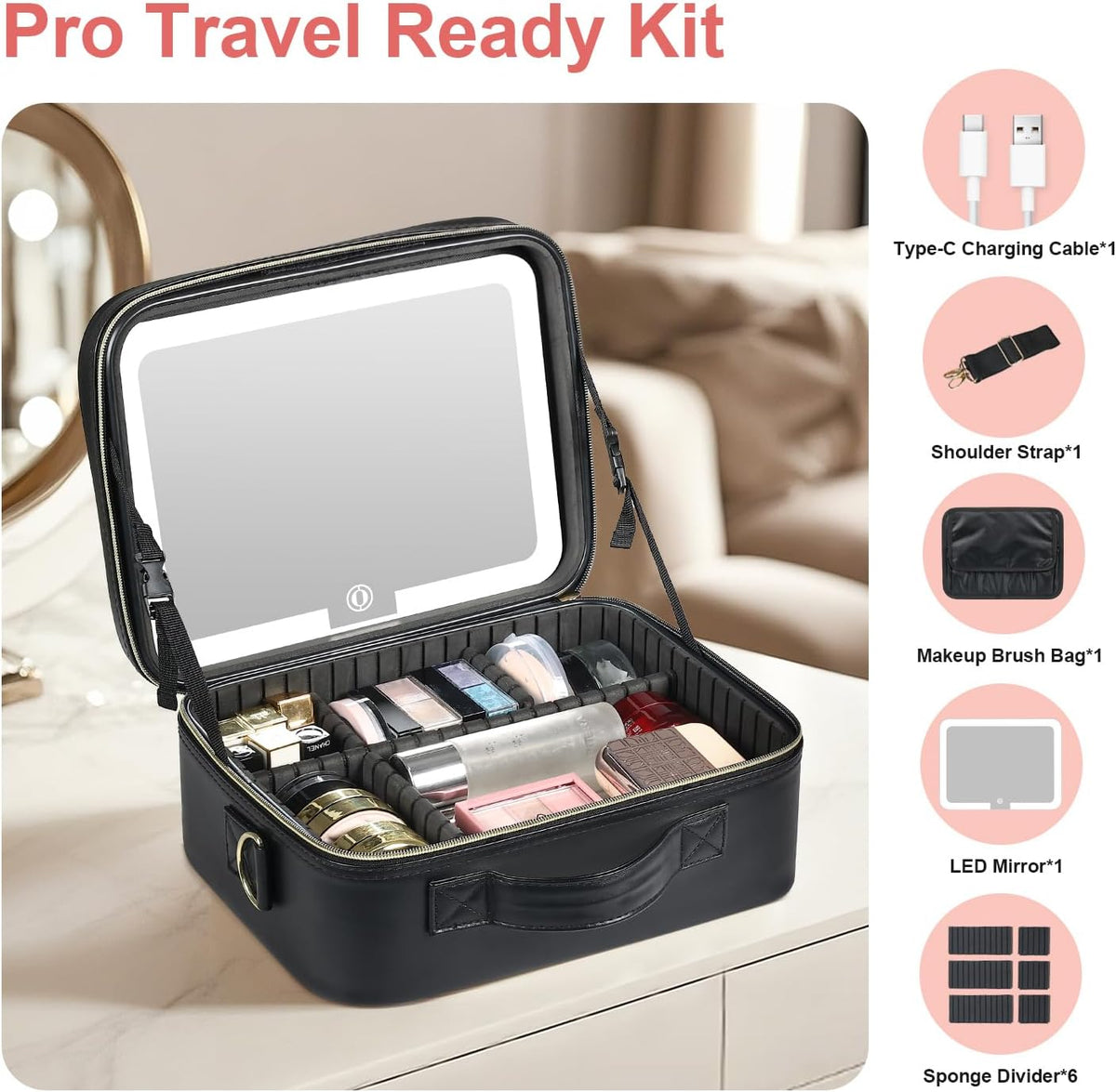 Makeup Case with LED Light Mirror,12 Inch Professional Portable Travel Cosmetic Organizer Bag with Adjustable Dividers, USB Charging, Large Capacity, Ideal for Travel, Gift for Women Girls