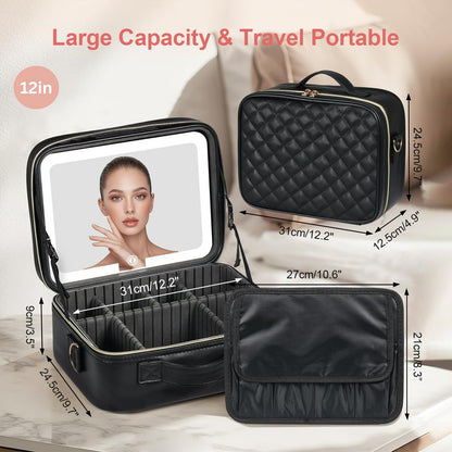 Makeup Case with LED Light Mirror,12 Inch Professional Portable Travel Cosmetic Organizer Bag with Adjustable Dividers, USB Charging, Large Capacity, Ideal for Travel, Gift for Women Girls