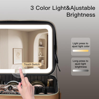 Makeup Case with LED Light Mirror,12 Inch Professional Portable Travel Cosmetic Organizer Bag with Adjustable Dividers, USB Charging, Large Capacity, Ideal for Travel, Gift for Women Girls