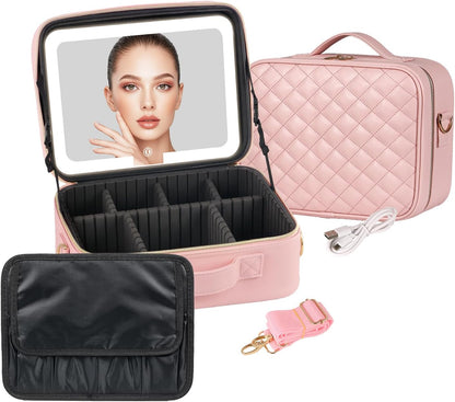 Makeup Case with LED Light Mirror,12 Inch Professional Portable Travel Cosmetic Organizer Bag with Adjustable Dividers, USB Charging, Large Capacity, Ideal for Travel, Gift for Women Girls