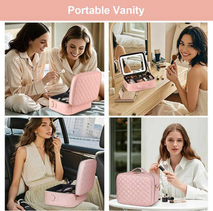 Makeup Case with LED Light Mirror,12 Inch Professional Portable Travel Cosmetic Organizer Bag with Adjustable Dividers, USB Charging, Large Capacity, Ideal for Travel, Gift for Women Girls