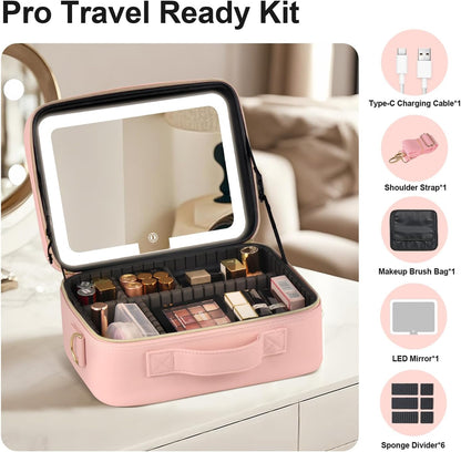 Makeup Case with LED Light Mirror,12 Inch Professional Portable Travel Cosmetic Organizer Bag with Adjustable Dividers, USB Charging, Large Capacity, Ideal for Travel, Gift for Women Girls