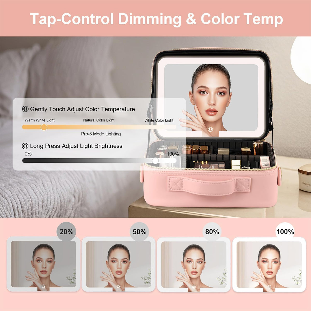 Makeup Case with LED Light Mirror,12 Inch Professional Portable Travel Cosmetic Organizer Bag with Adjustable Dividers, USB Charging, Large Capacity, Ideal for Travel, Gift for Women Girls
