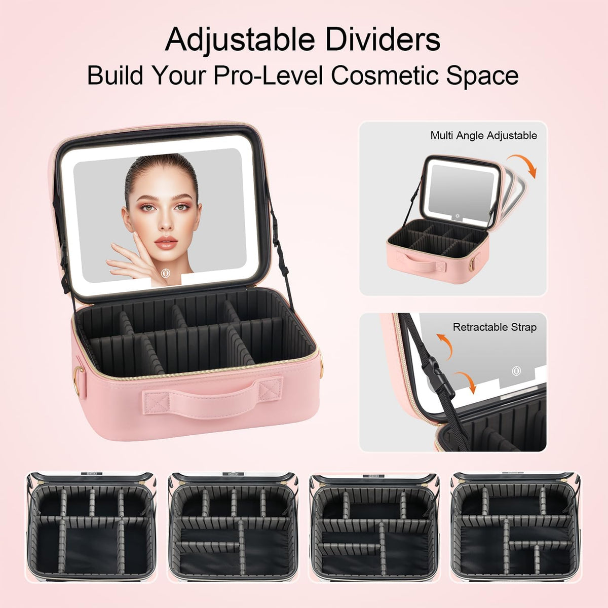 Makeup Case with LED Light Mirror,12 Inch Professional Portable Travel Cosmetic Organizer Bag with Adjustable Dividers, USB Charging, Large Capacity, Ideal for Travel, Gift for Women Girls