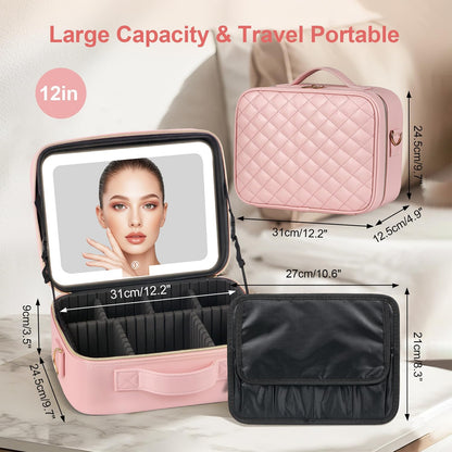 Makeup Case with LED Light Mirror,12 Inch Professional Portable Travel Cosmetic Organizer Bag with Adjustable Dividers, USB Charging, Large Capacity, Ideal for Travel, Gift for Women Girls