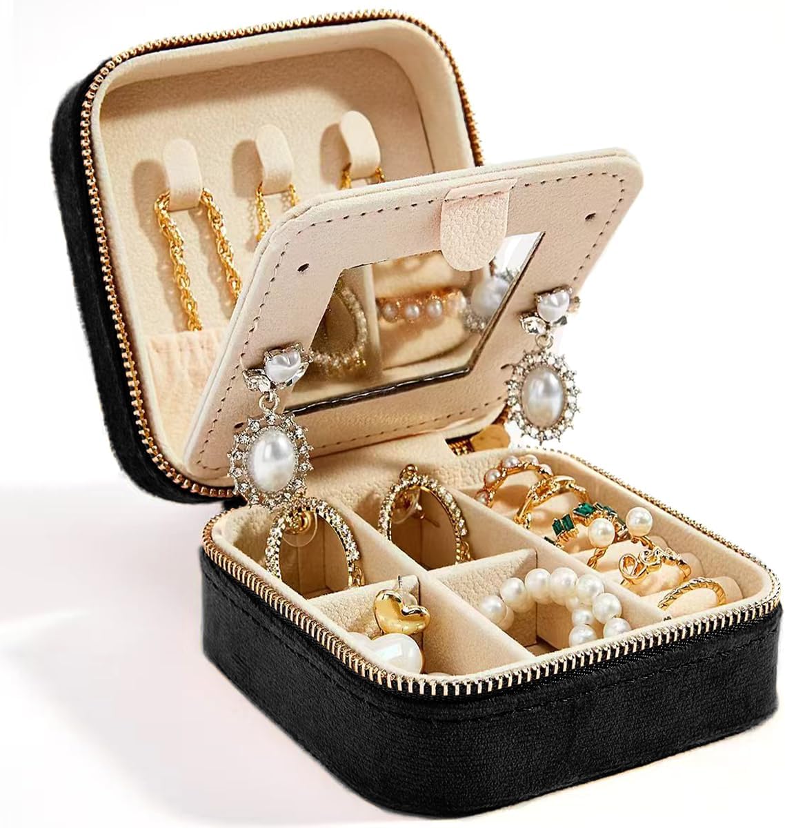 Travel Velvet Jewelry Box with Mirror, Mini Gifts Case for Women Girls, Small Portable Organizer Boxes for Rings Earrings Necklaces Bracelets