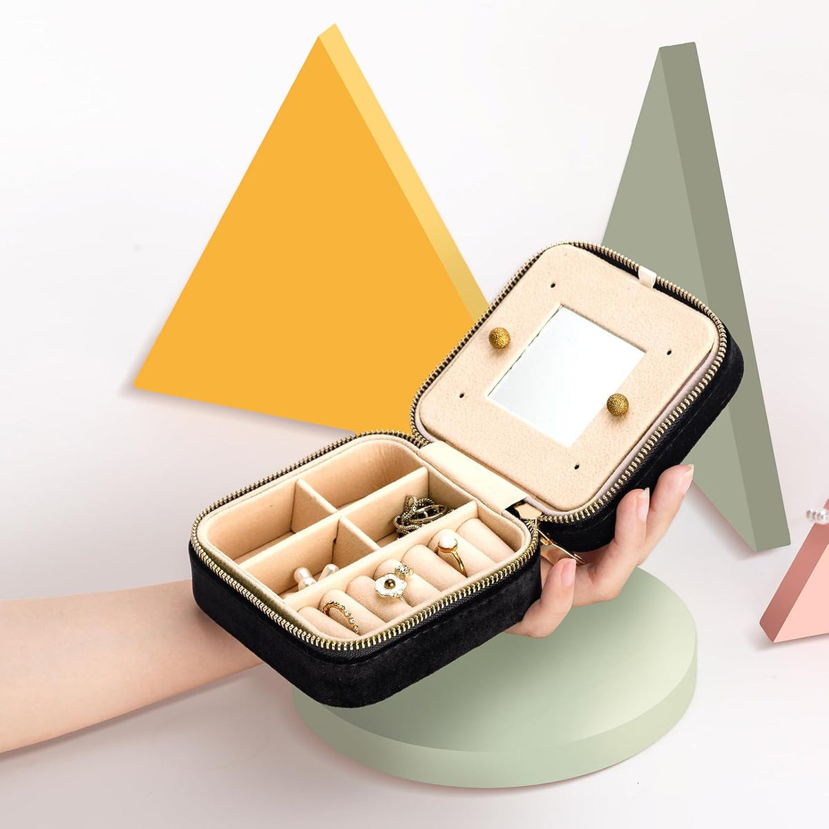 Travel Velvet Jewelry Box with Mirror, Mini Gifts Case for Women Girls, Small Portable Organizer Boxes for Rings Earrings Necklaces Bracelets
