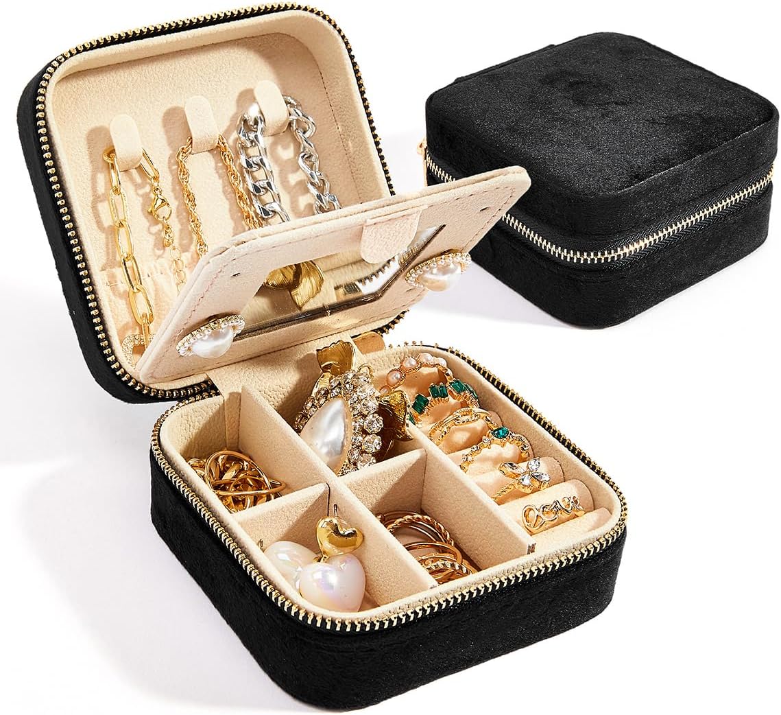 Travel Velvet Jewelry Box with Mirror, Mini Gifts Case for Women Girls, Small Portable Organizer Boxes for Rings Earrings Necklaces Bracelets