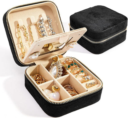 Travel Velvet Jewelry Box with Mirror, Mini Gifts Case for Women Girls, Small Portable Organizer Boxes for Rings Earrings Necklaces Bracelets