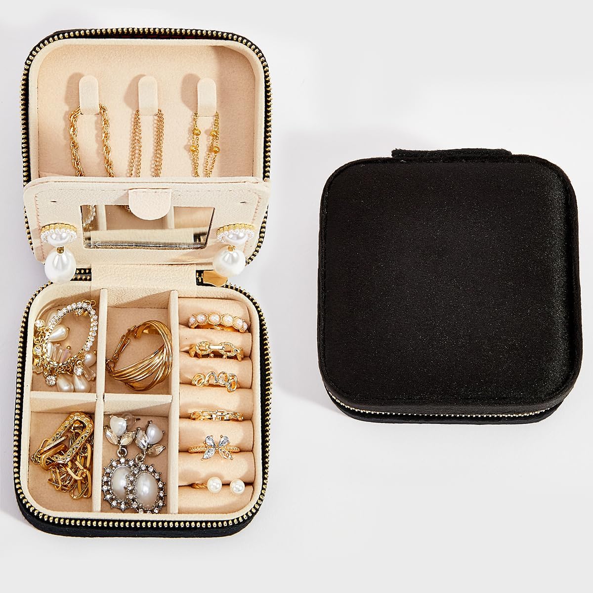 Travel Velvet Jewelry Box with Mirror, Mini Gifts Case for Women Girls, Small Portable Organizer Boxes for Rings Earrings Necklaces Bracelets