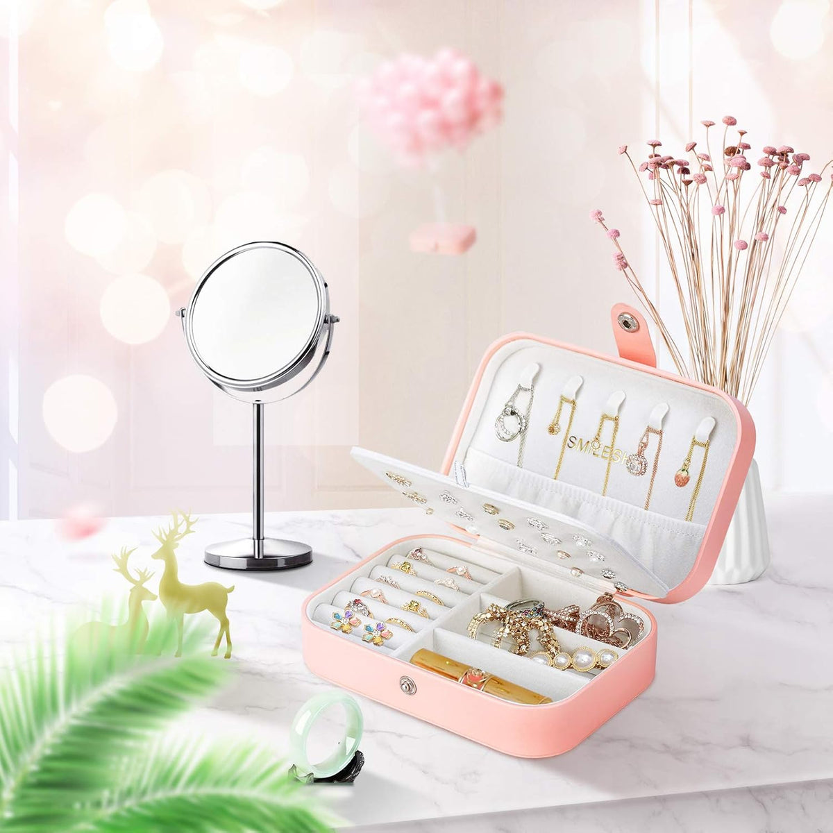 Travel Velvet Jewelry Box with Mirror, Mini Gifts Case for Women Girls, Small Portable Organizer Boxes for Rings Earrings Necklaces Bracelets