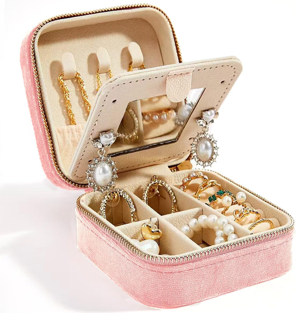 Travel Velvet Jewelry Box with Mirror, Mini Gifts Case for Women Girls, Small Portable Organizer Boxes for Rings Earrings Necklaces Bracelets