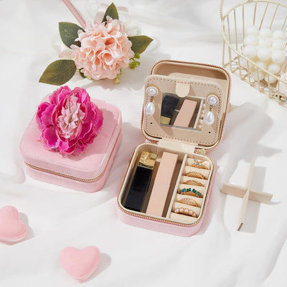Travel Velvet Jewelry Box with Mirror, Mini Gifts Case for Women Girls, Small Portable Organizer Boxes for Rings Earrings Necklaces Bracelets