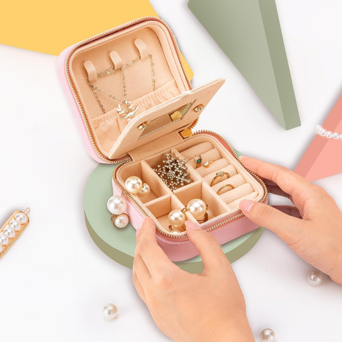 Travel Velvet Jewelry Box with Mirror, Mini Gifts Case for Women Girls, Small Portable Organizer Boxes for Rings Earrings Necklaces Bracelets