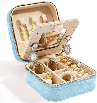 Travel Velvet Jewelry Box with Mirror, Mini Gifts Case for Women Girls, Small Portable Organizer Boxes for Rings Earrings Necklaces Bracelets