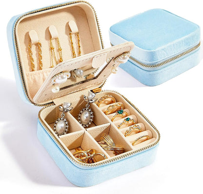 Travel Velvet Jewelry Box with Mirror, Mini Gifts Case for Women Girls, Small Portable Organizer Boxes for Rings Earrings Necklaces Bracelets