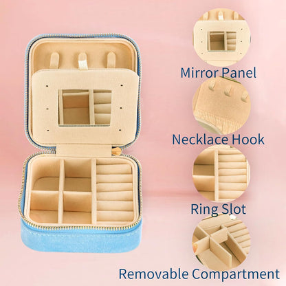 Travel Velvet Jewelry Box with Mirror, Mini Gifts Case for Women Girls, Small Portable Organizer Boxes for Rings Earrings Necklaces Bracelets