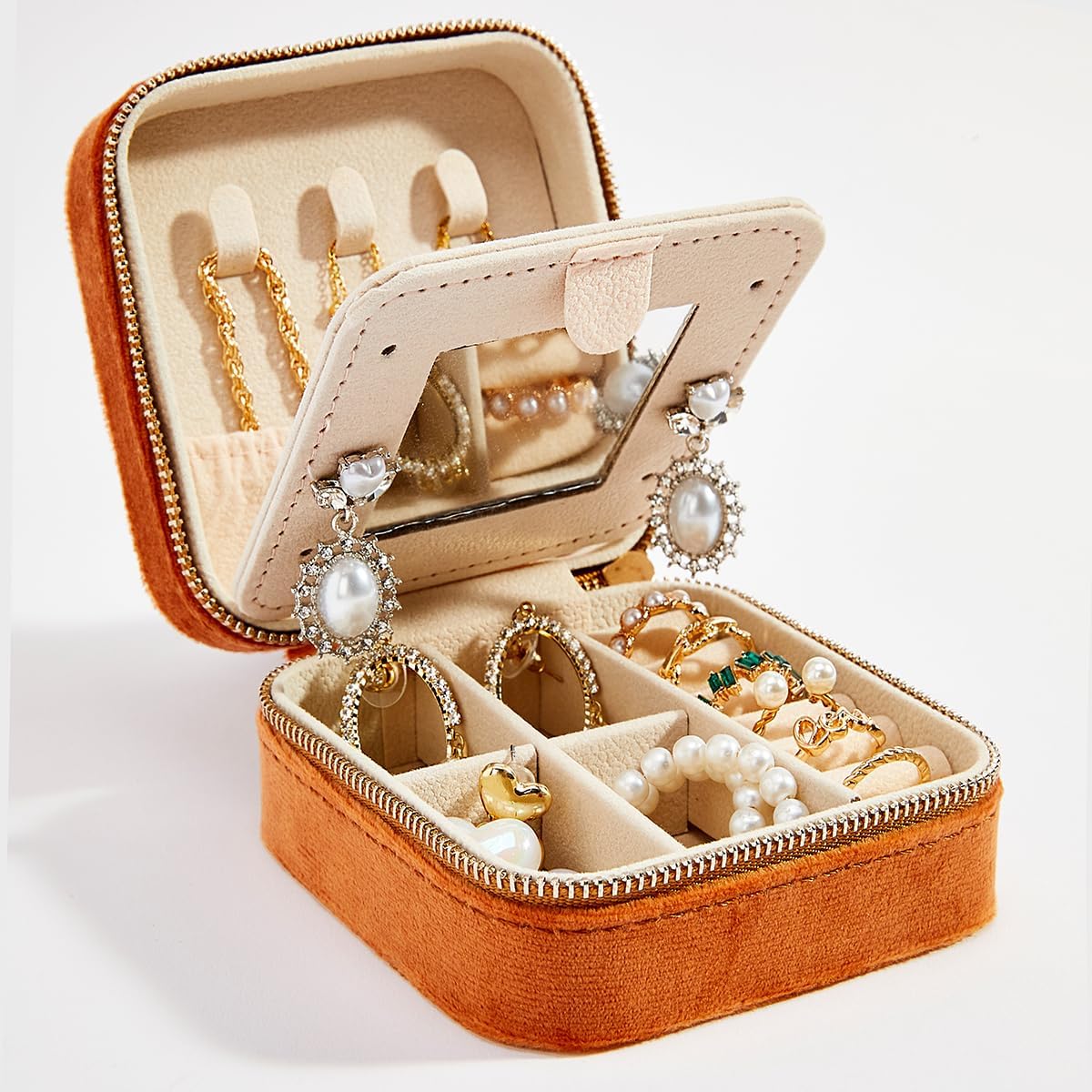Travel Velvet Jewelry Box with Mirror, Mini Gifts Case for Women Girls, Small Portable Organizer Boxes for Rings Earrings Necklaces Bracelets