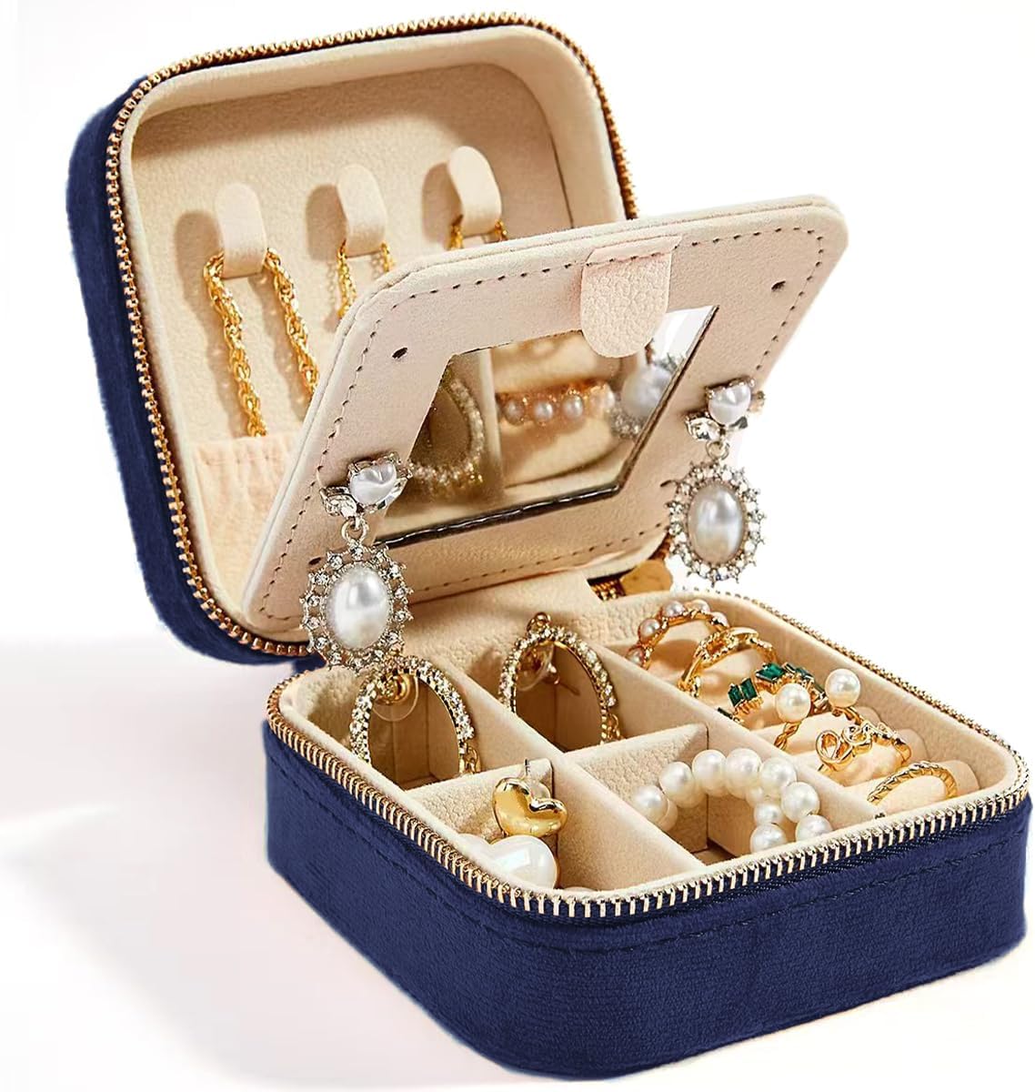 Travel Velvet Jewelry Box with Mirror, Mini Gifts Case for Women Girls, Small Portable Organizer Boxes for Rings Earrings Necklaces Bracelets
