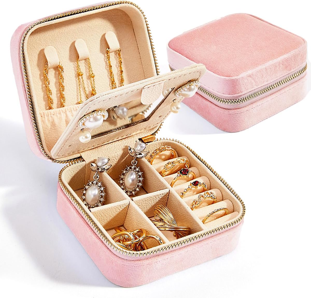 Travel Velvet Jewelry Box with Mirror, Mini Gifts Case for Women Girls, Small Portable Organizer Boxes for Rings Earrings Necklaces Bracelets