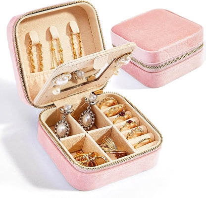 Travel Velvet Jewelry Box with Mirror, Mini Gifts Case for Women Girls, Small Portable Organizer Boxes for Rings Earrings Necklaces Bracelets