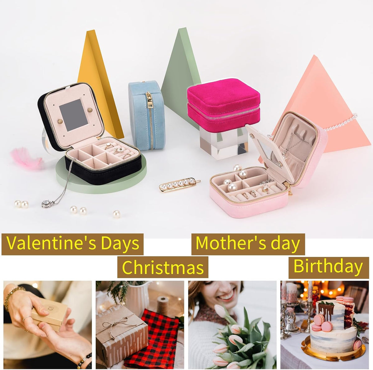 Travel Velvet Jewelry Box with Mirror, Mini Gifts Case for Women Girls, Small Portable Organizer Boxes for Rings Earrings Necklaces Bracelets