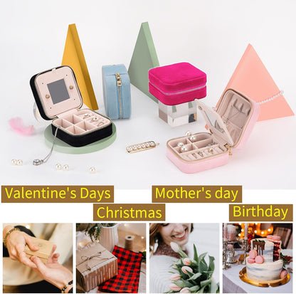 Travel Velvet Jewelry Box with Mirror, Mini Gifts Case for Women Girls, Small Portable Organizer Boxes for Rings Earrings Necklaces Bracelets