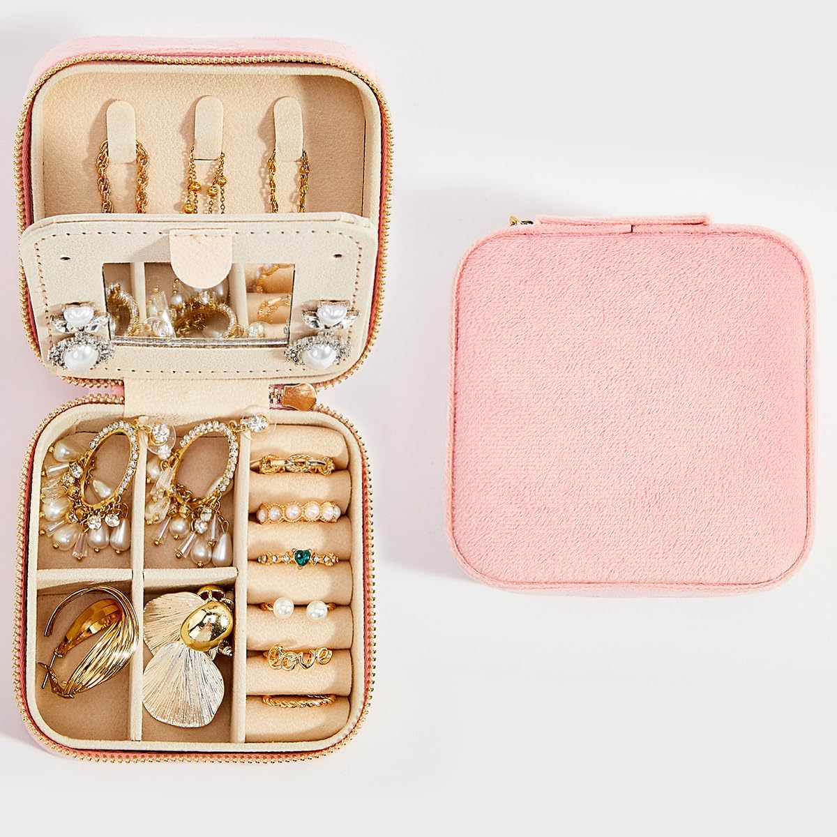 Travel Velvet Jewelry Box with Mirror, Mini Gifts Case for Women Girls, Small Portable Organizer Boxes for Rings Earrings Necklaces Bracelets