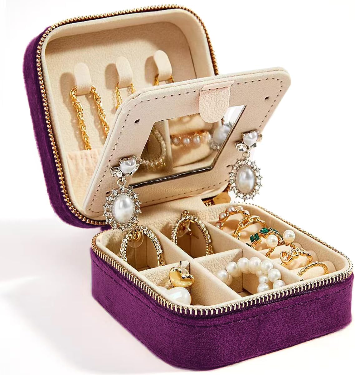 Travel Velvet Jewelry Box with Mirror, Mini Gifts Case for Women Girls, Small Portable Organizer Boxes for Rings Earrings Necklaces Bracelets