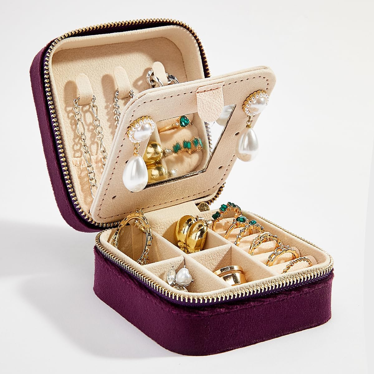 Travel Velvet Jewelry Box with Mirror, Mini Gifts Case for Women Girls, Small Portable Organizer Boxes for Rings Earrings Necklaces Bracelets