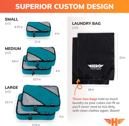 HERO Packing Cubes for Travel (Set of 5) Luggage Organizer with 2 Laundry Bags, Versatile Suitcase Organizer for Men & Women – Travel Accessories for Carry On, Airplane, Road Trip