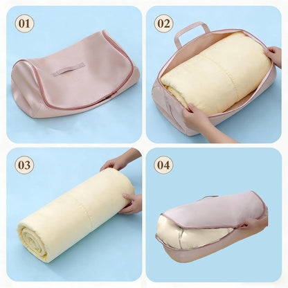 Roll Up Self Compression Organizer - Space Saving Cylindrical Bag for Home Travel Storage, Compact Design Blanket Bag for Quilt Garments Blankets (3, Beige+Blue+Pink, Small)