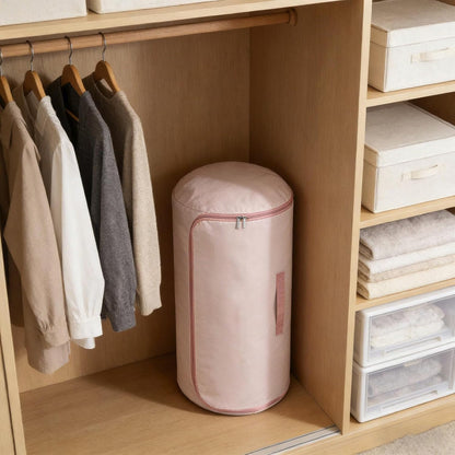Roll Up Self Compression Organizer - Space Saving Cylindrical Bag for Home Travel Storage, Compact Design Blanket Bag for Quilt Garments Blankets (3, Beige+Blue+Pink, Small)