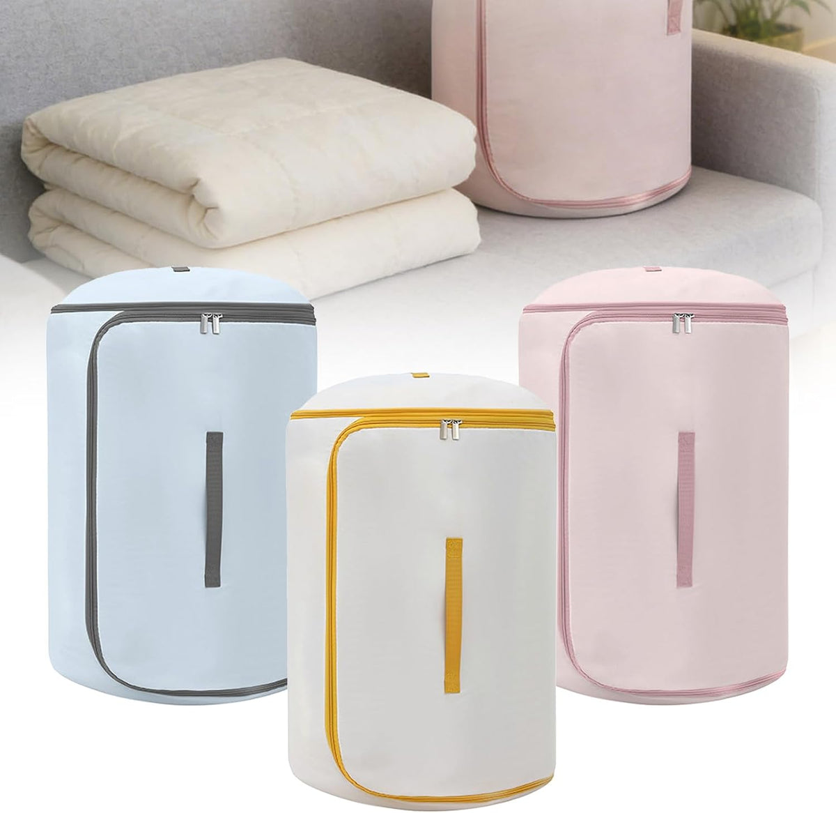 Roll Up Self Compression Organizer - Space Saving Cylindrical Bag for Home Travel Storage, Compact Design Blanket Bag for Quilt Garments Blankets (3, Beige+Blue+Pink, Small)