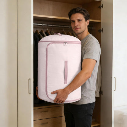 Roll Up Self Compression Organizer - Space Saving Cylindrical Bag for Home Travel Storage, Compact Design Blanket Bag for Quilt Garments Blankets (3, Beige+Blue+Pink, Small)