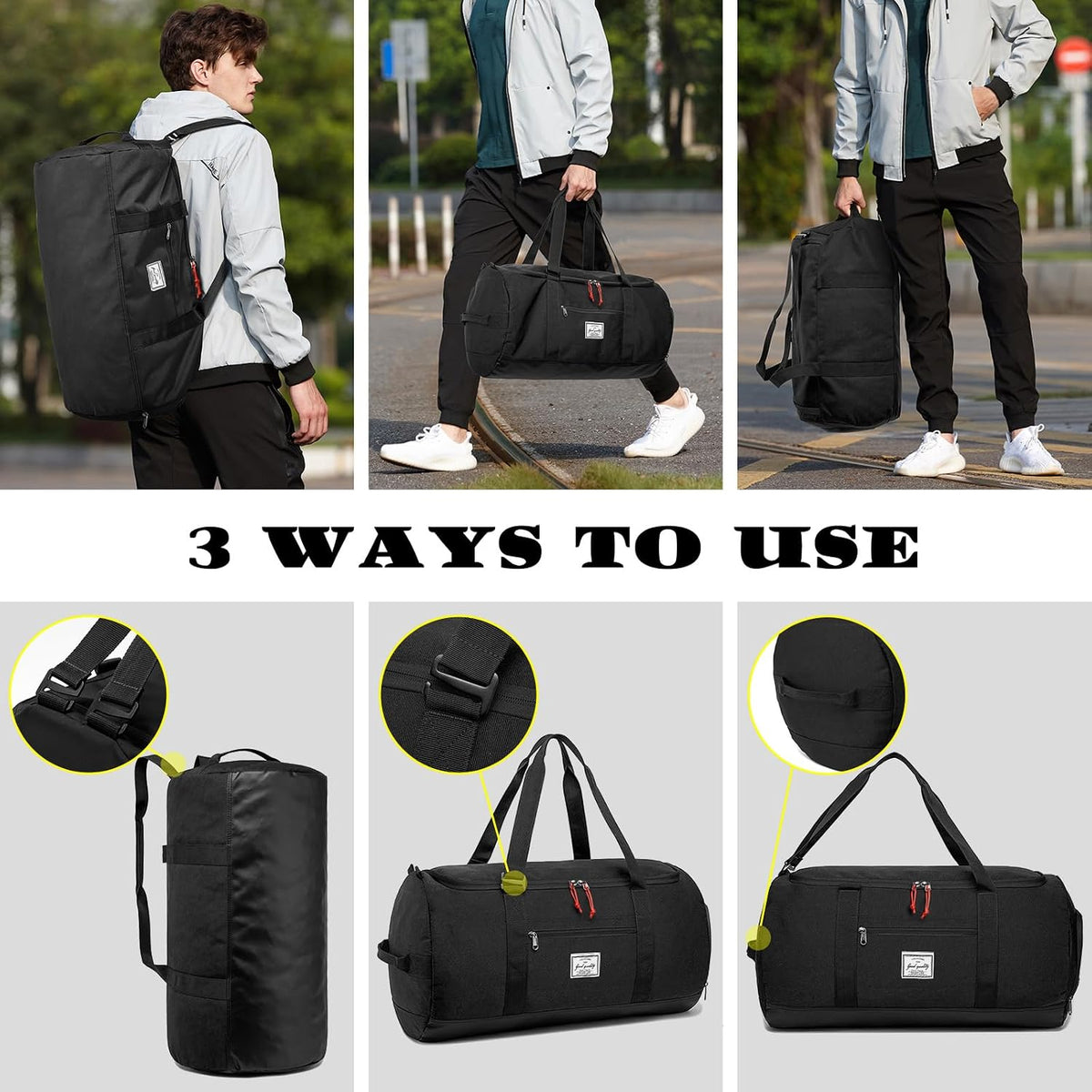 60L Duffle Bag for Men Travel Duffel Bag Large Size for Women Weekender Overnight with Shoes Compartment Multifunctional Gym Bags, Black