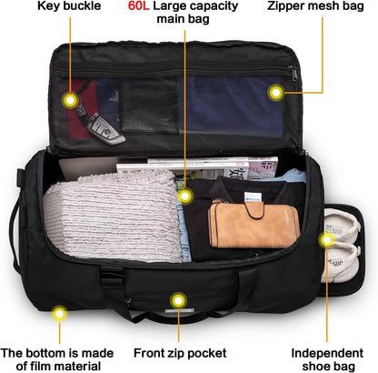 60L Duffle Bag for Men Travel Duffel Bag Large Size for Women Weekender Overnight with Shoes Compartment Multifunctional Gym Bags, Black