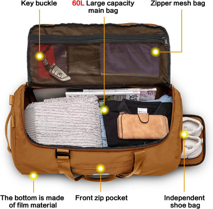 60L Duffle Bag for Men Travel Duffel Bag Large Size for Women Weekender Overnight with Shoes Compartment Multifunctional Gym Bags, Black