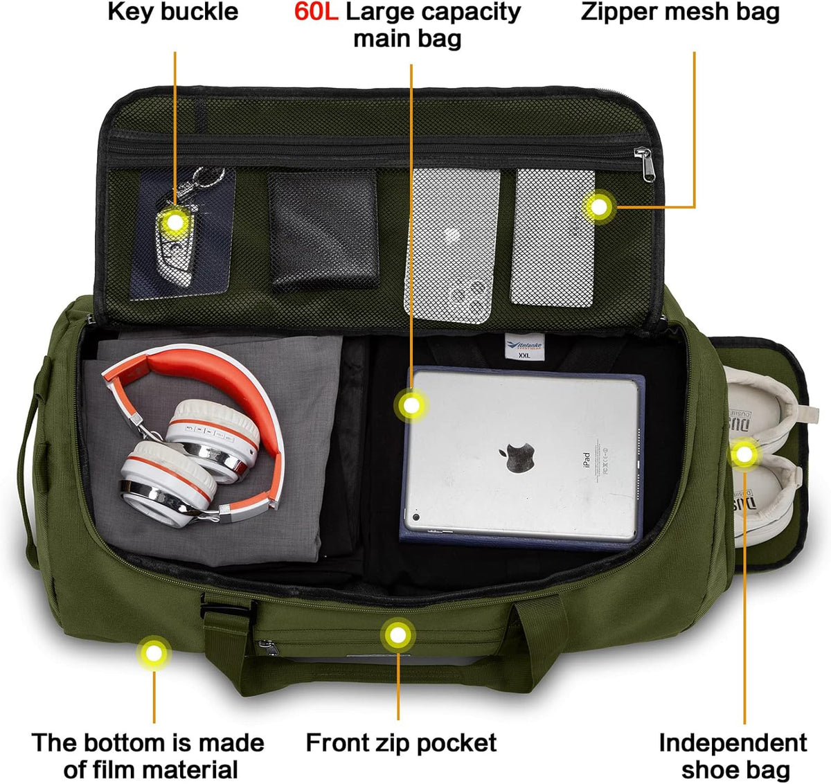 60L Duffle Bag for Men Travel Duffel Bag Large Size for Women Weekender Overnight with Shoes Compartment Multifunctional Gym Bags, Black