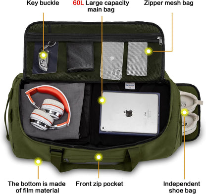 60L Duffle Bag for Men Travel Duffel Bag Large Size for Women Weekender Overnight with Shoes Compartment Multifunctional Gym Bags, Black