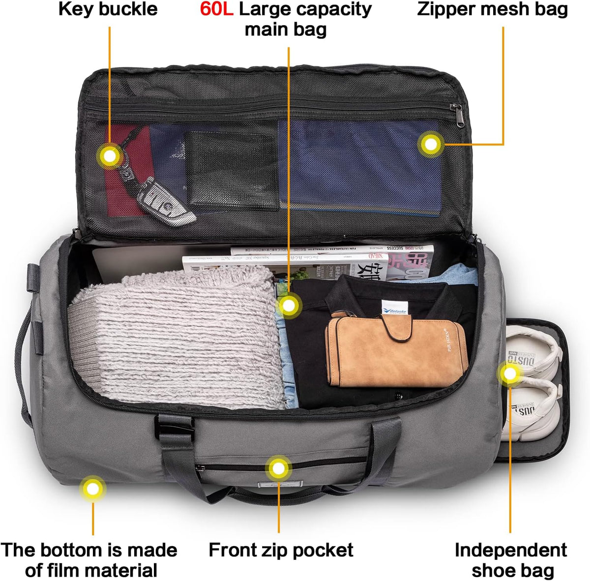 60L Duffle Bag for Men Travel Duffel Bag Large Size for Women Weekender Overnight with Shoes Compartment Multifunctional Gym Bags, Black