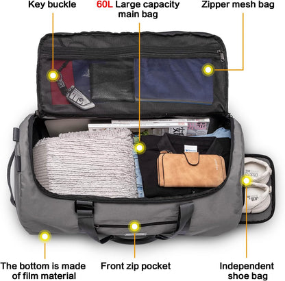 60L Duffle Bag for Men Travel Duffel Bag Large Size for Women Weekender Overnight with Shoes Compartment Multifunctional Gym Bags, Black