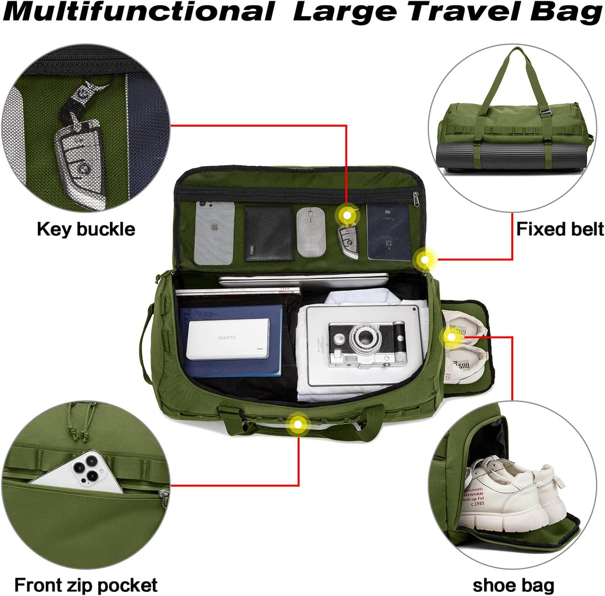 60L Duffle Bag for Men Travel Duffel Bag Large Size for Women Weekender Overnight with Shoes Compartment Multifunctional Gym Bags, Black