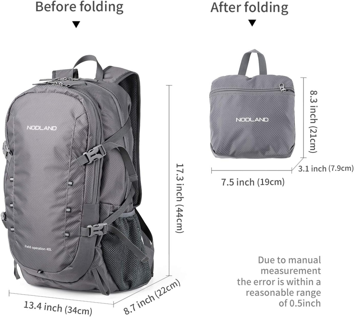 NODLAND Lightweight Backpack, Travel 40L Foldable Water-Resistant Daypack, Hiking Outdoor Camping Rucksack for Men Women