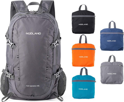 NODLAND Lightweight Backpack, Travel 40L Foldable Water-Resistant Daypack, Hiking Outdoor Camping Rucksack for Men Women