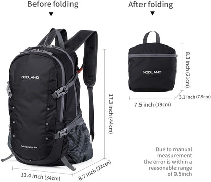 NODLAND Lightweight Backpack, Travel 40L Foldable Water-Resistant Daypack, Hiking Outdoor Camping Rucksack for Men Women